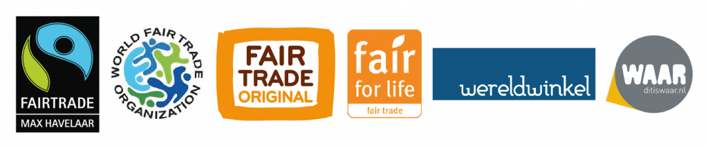 Logo's van Fairtrade Max Havelaar, World Fair Trade Organization, Fair Trade Original, Fair for life, Wereldwinkel en Ditiswaar.nl