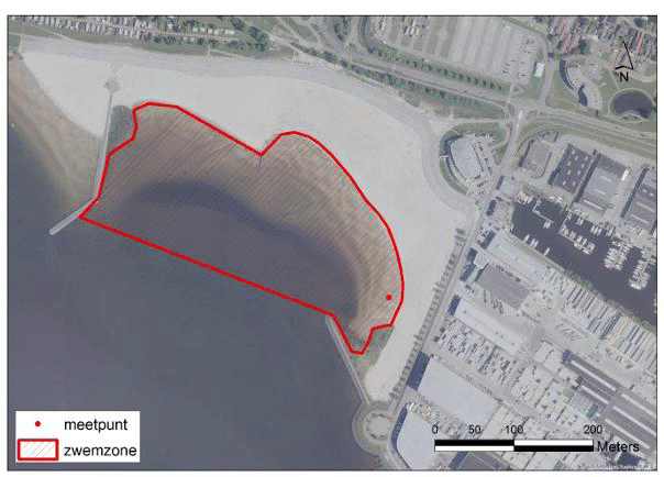*: de zwemzone en het meetpunt van strand Lemmer is als volgt: