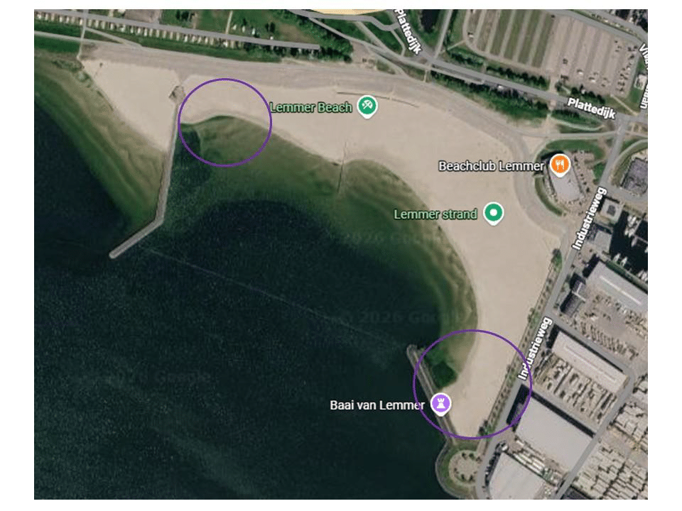 voorstel locaties (paarse cirkels) voor een extra hondenstrand